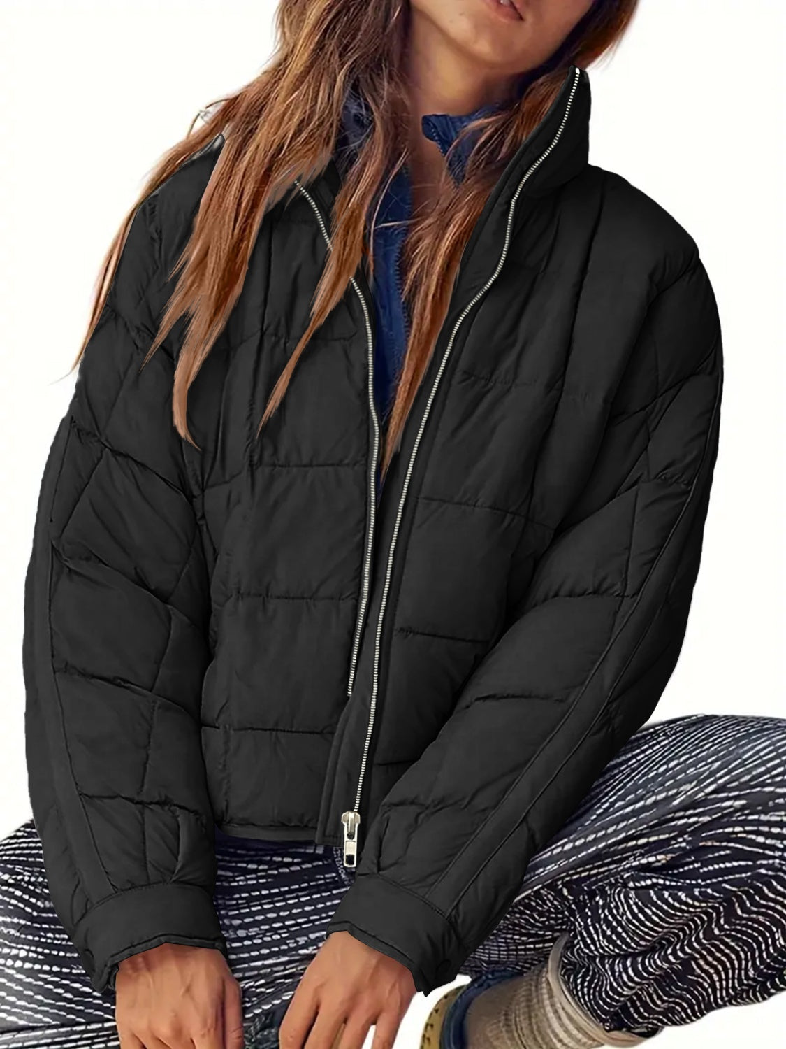 Pocketed Plaid Quilted Zip Up Winter Coat - Charming Charlie