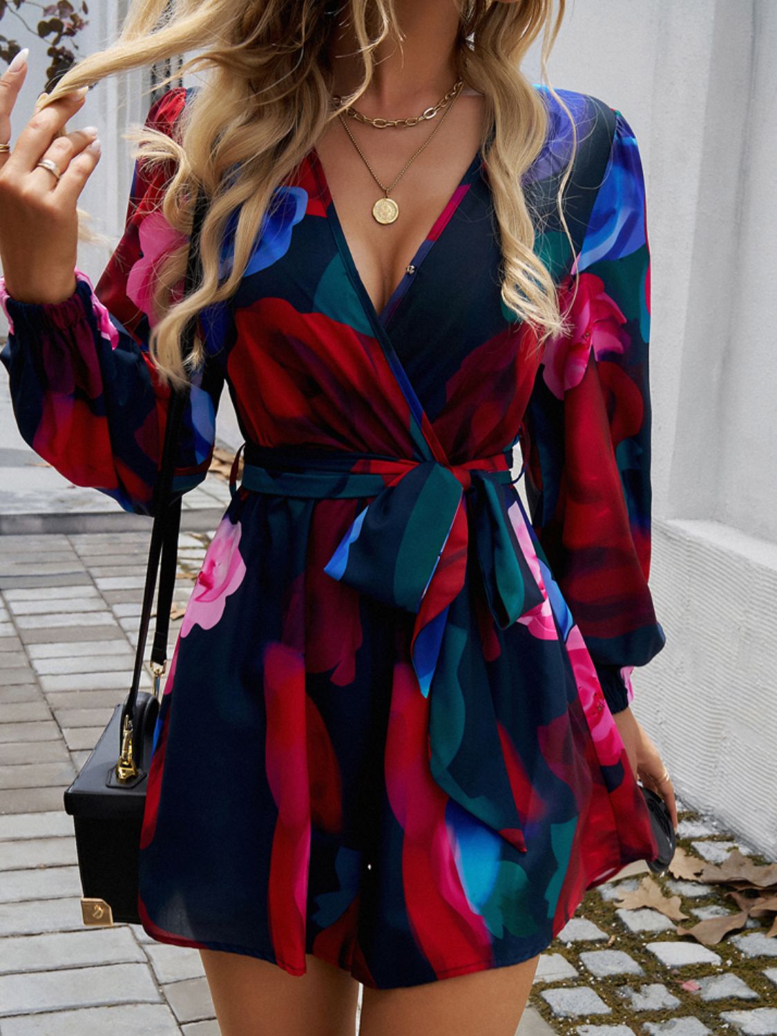 Tied Surplice Long Sleeve Romper - Charming Charlie