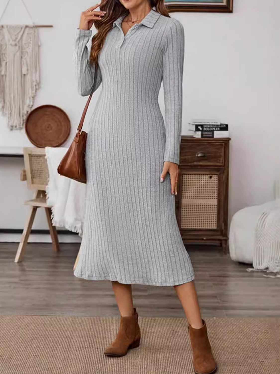 Collared Neck Long Sleeve Midi Dress - Charming Charlie