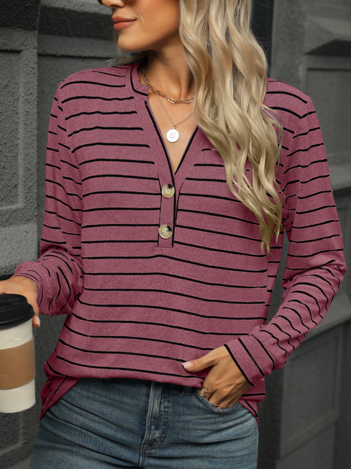 Striped Notched Long Sleeve T-Shirt - Charming Charlie