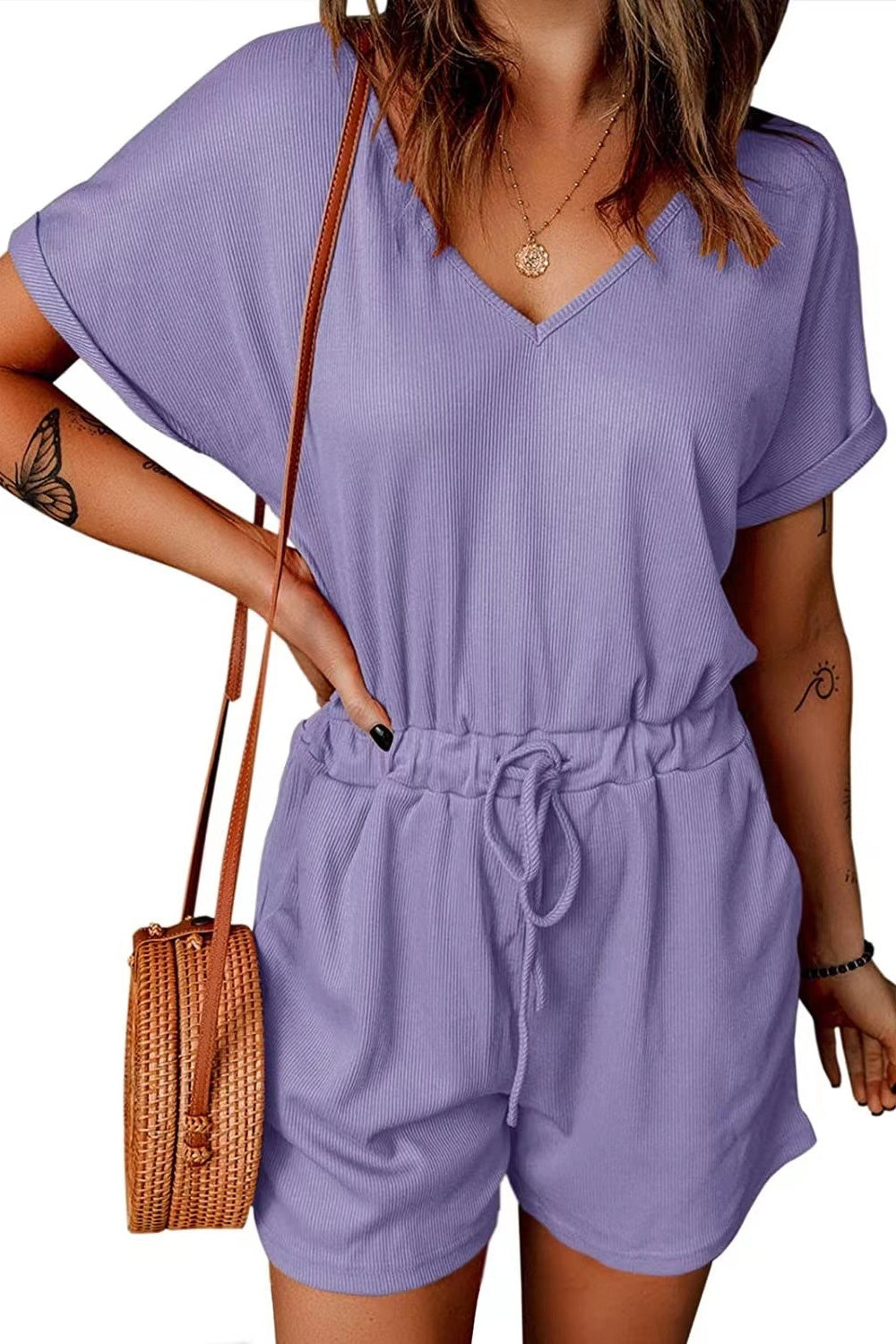 Full Size Drawstring V-Neck Short Sleeve Romper - Charming Charlie