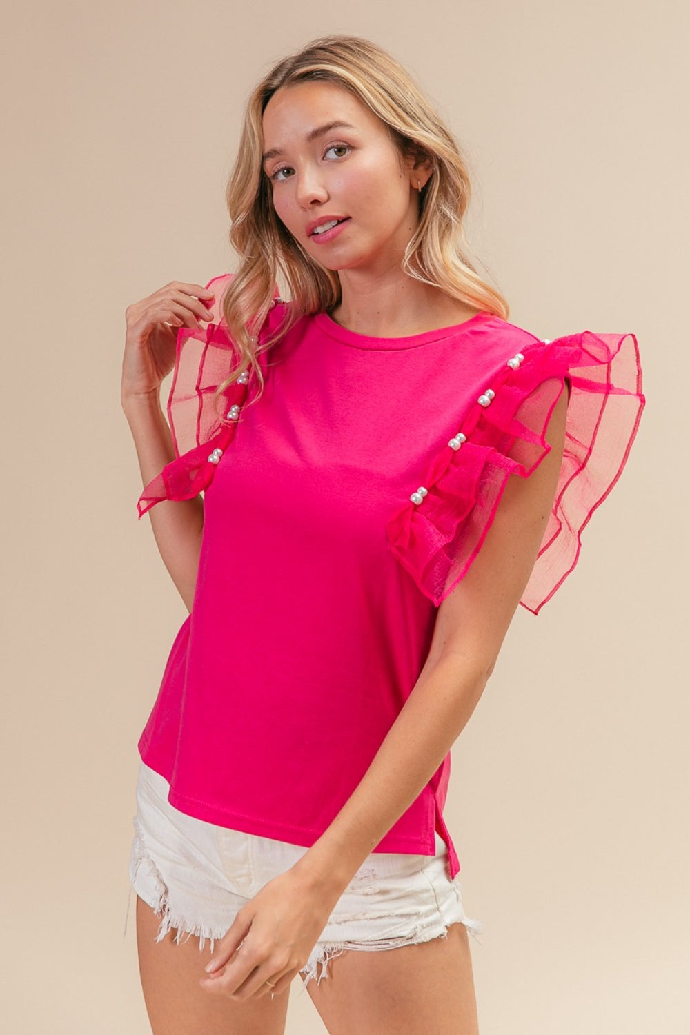 BiBi Pearl Decor Mesh Ruffle Sleeve Top - Charming Charlie