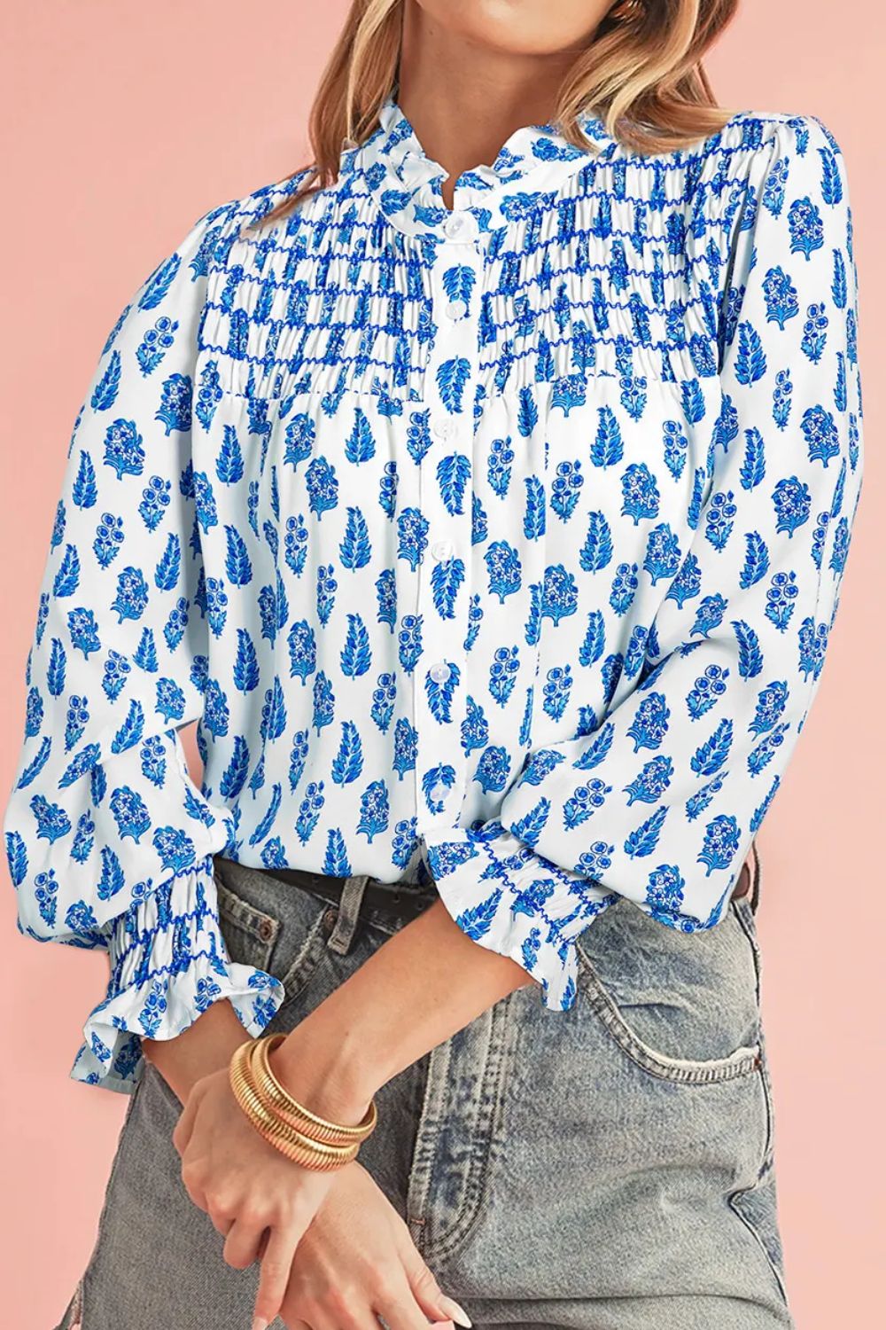 Frill Printed Button Up Long Sleeve Shirt - Charming Charlie