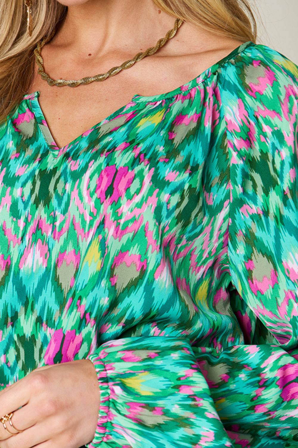 Double Take Full Size Printed Balloon Sleeve Blouse - Charming Charlie