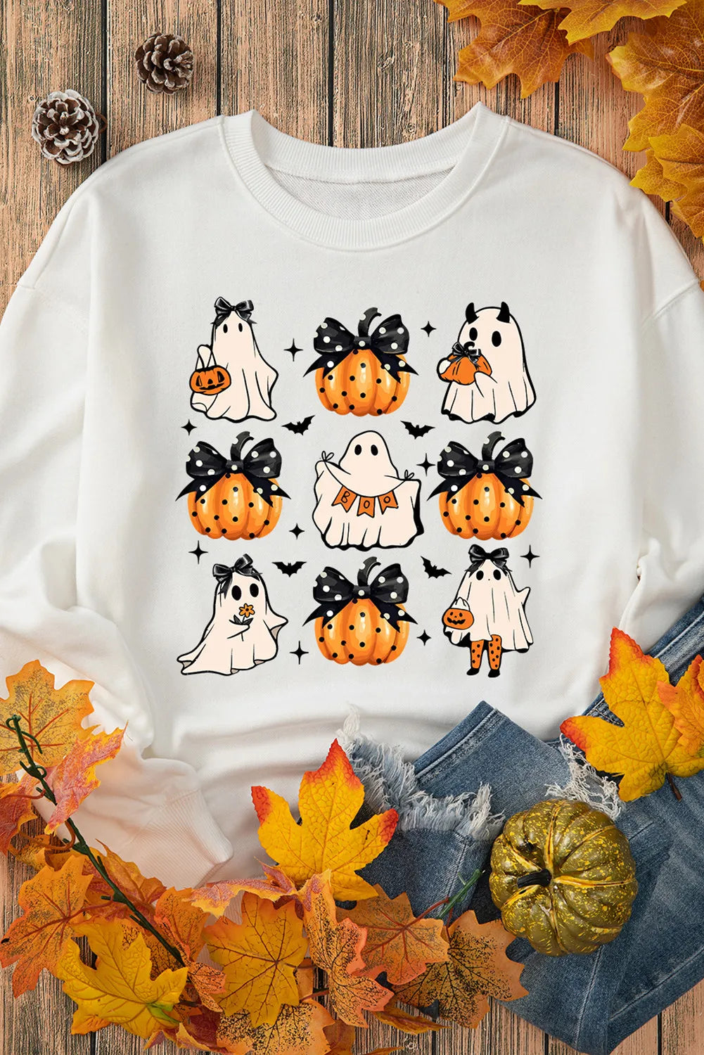 Pumpkin & Ghost Round Neck Long Sleeve Sweatshirt - Charming Charlie