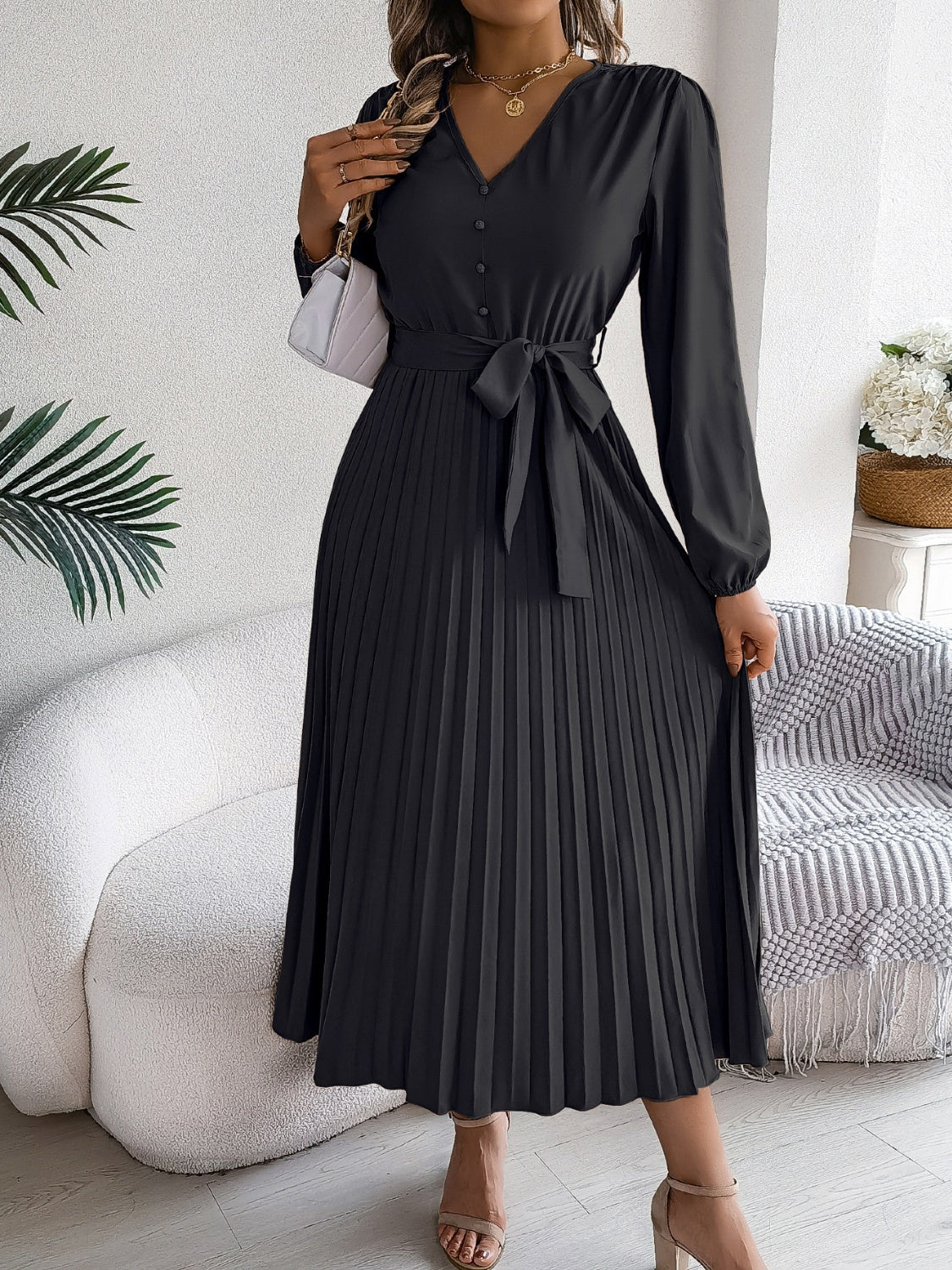 Pleated Tied V-Neck Long Sleeve Dress - Charming Charlie
