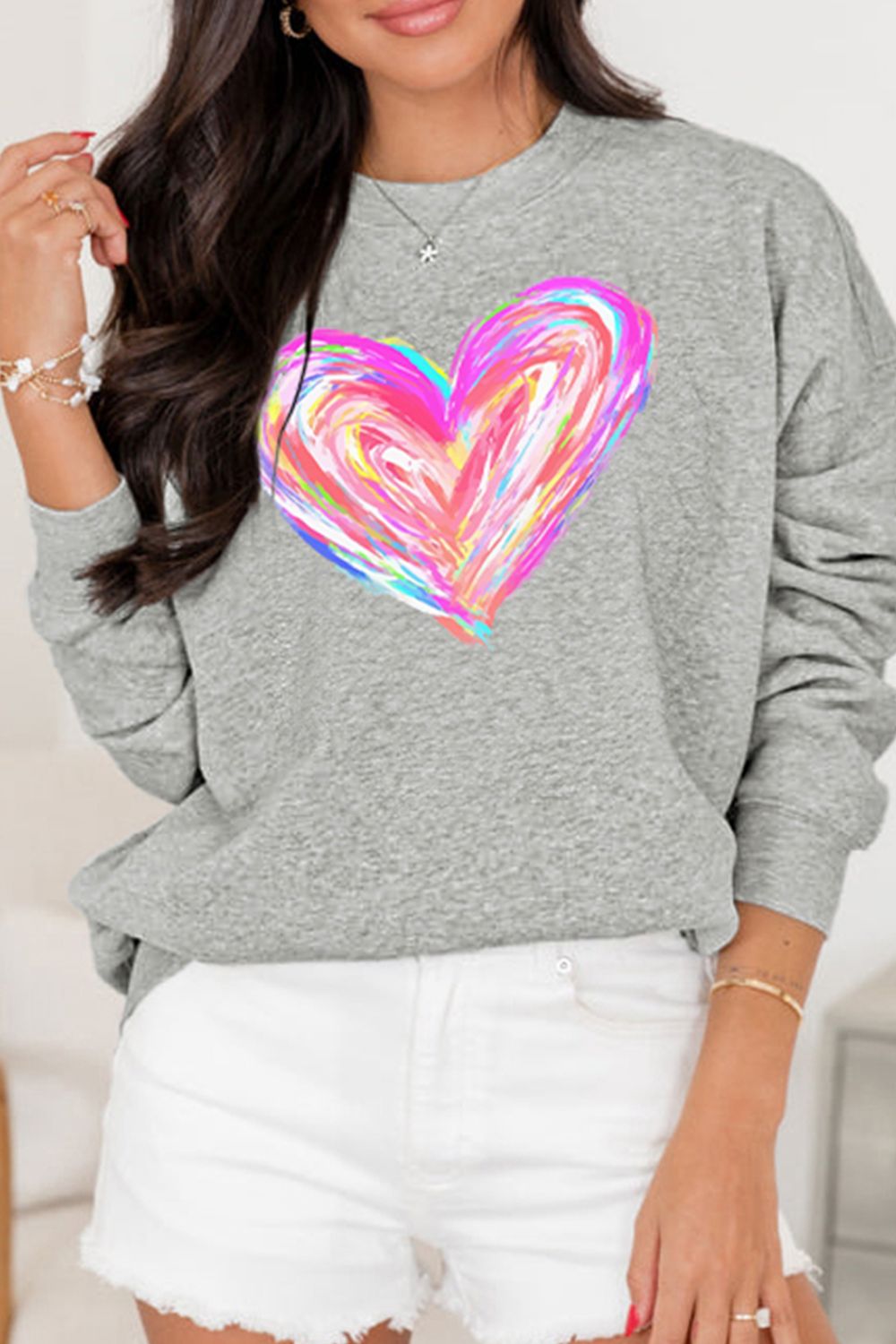 Valentine’s Day Heart Round Neck Drop Shoulder Sweatshirt - Charming Charlie