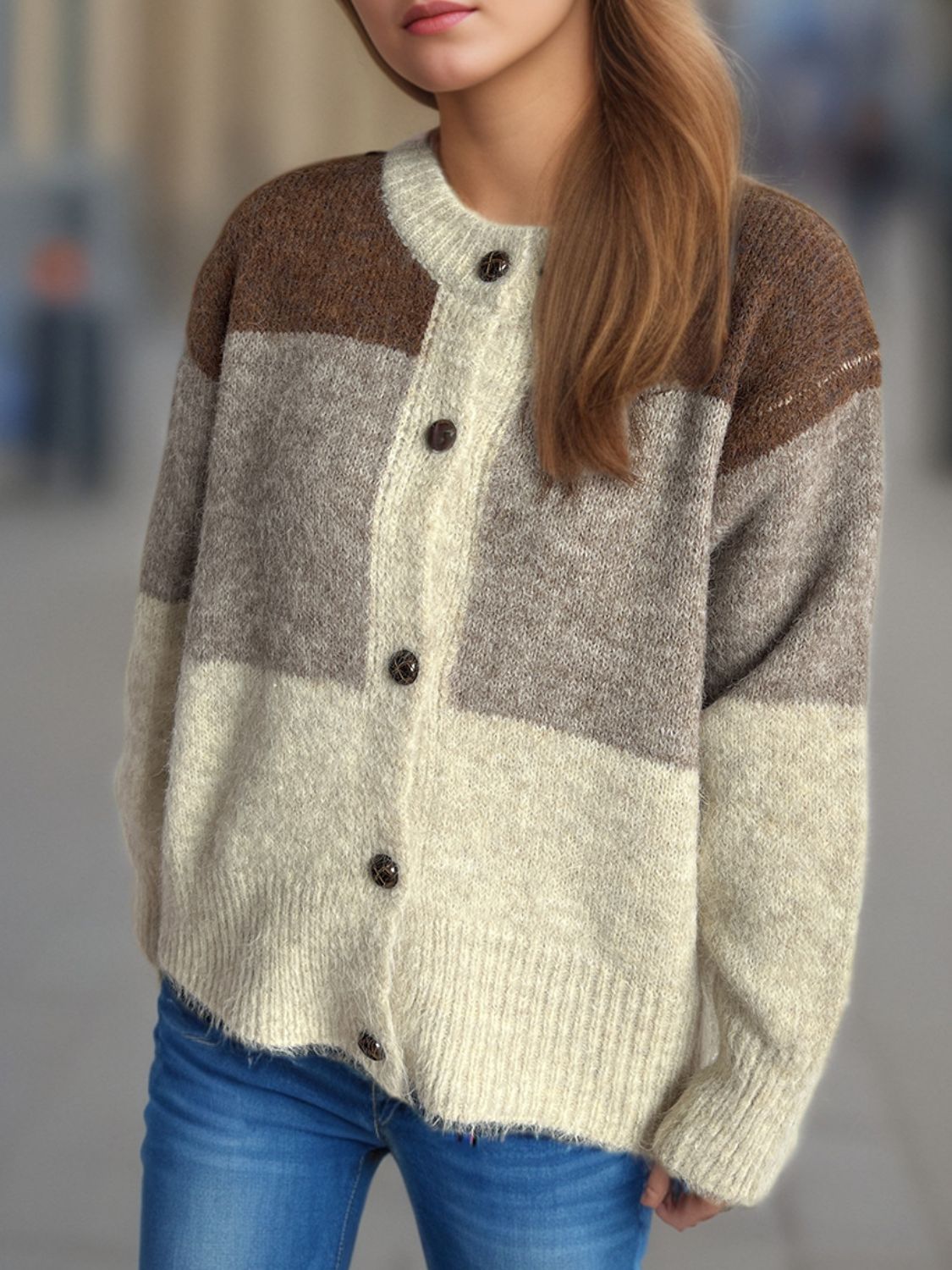 Color Block Round Neck Button Up Cardigan - Charming Charlie