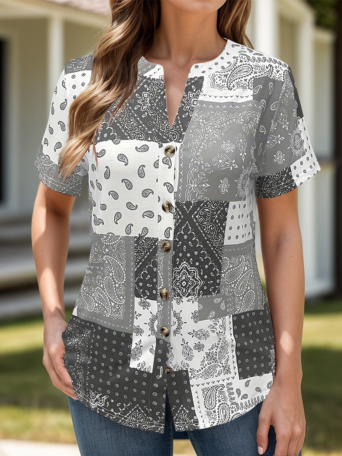 Printed Notched Short Sleeve Blouse - Charming Charlie