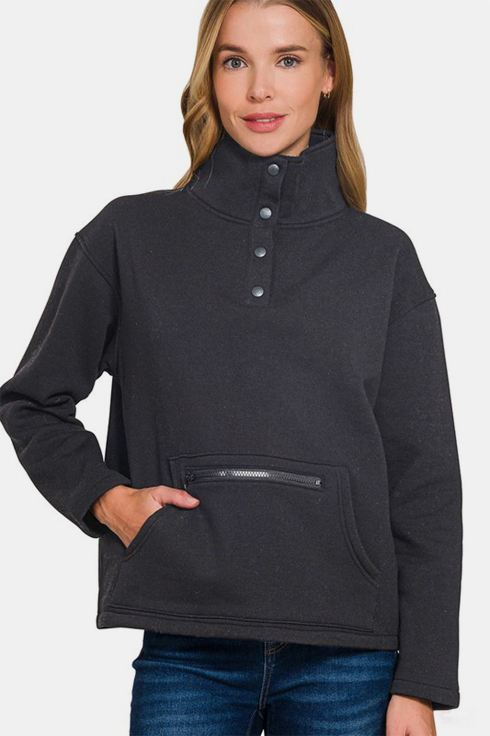 Zenana Turtleneck Half Snap Fleece Sweatshirt - Charming Charlie