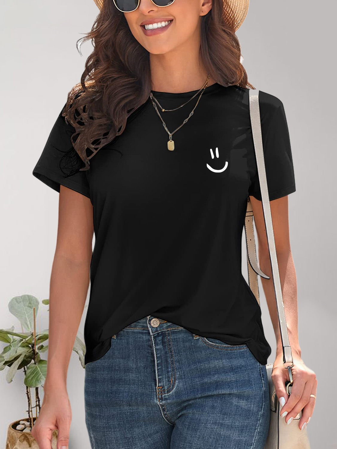 Smile Graphic Round Neck Short Sleeve T-Shirt - Charming Charlie