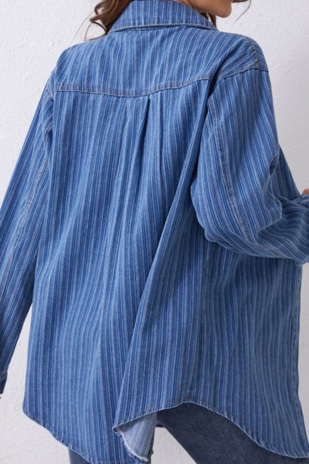 Striped Texture Collared Neck Denim Top - Charming Charlie