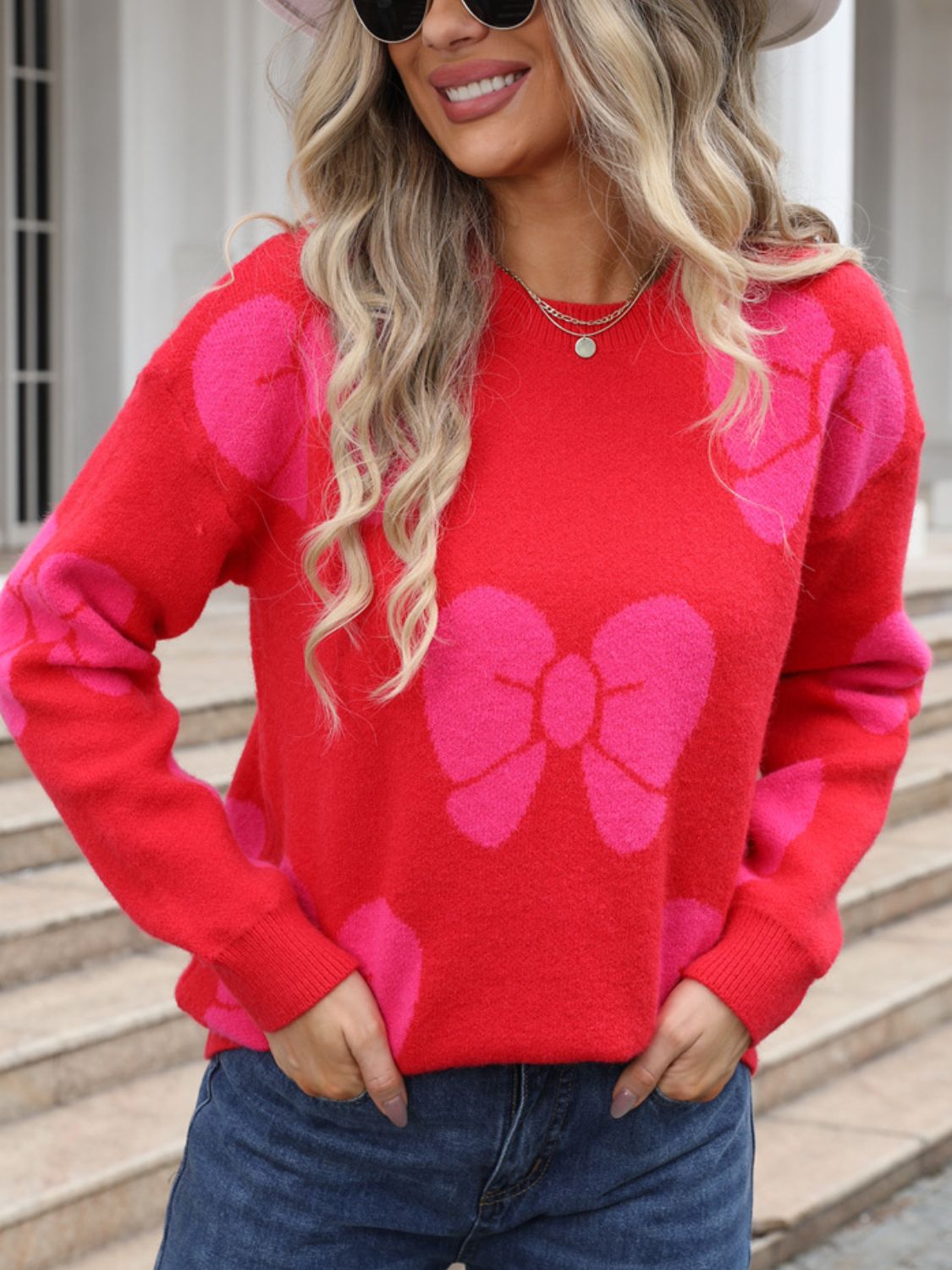 Bow Round Neck Dropped Shoulder Sweater - Charming Charlie