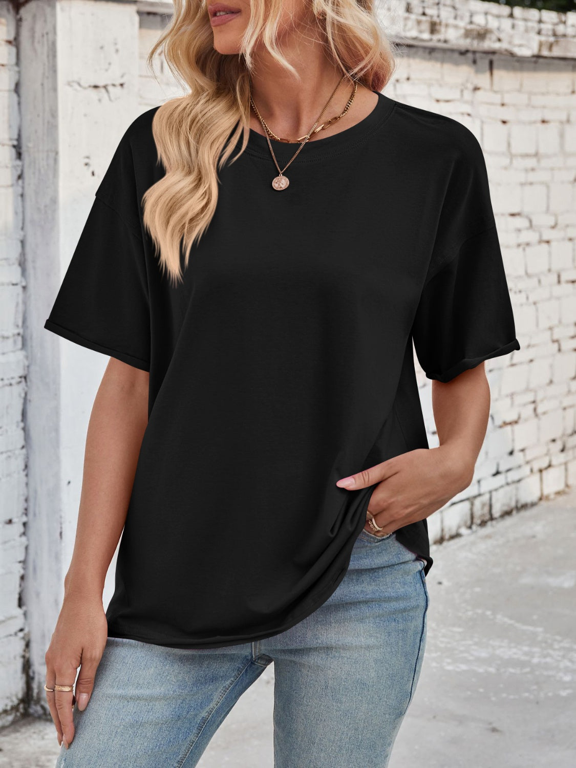 Lovelet Exposed Seam Round Neck Half Sleeve T-Shirt - Charming Charlie
