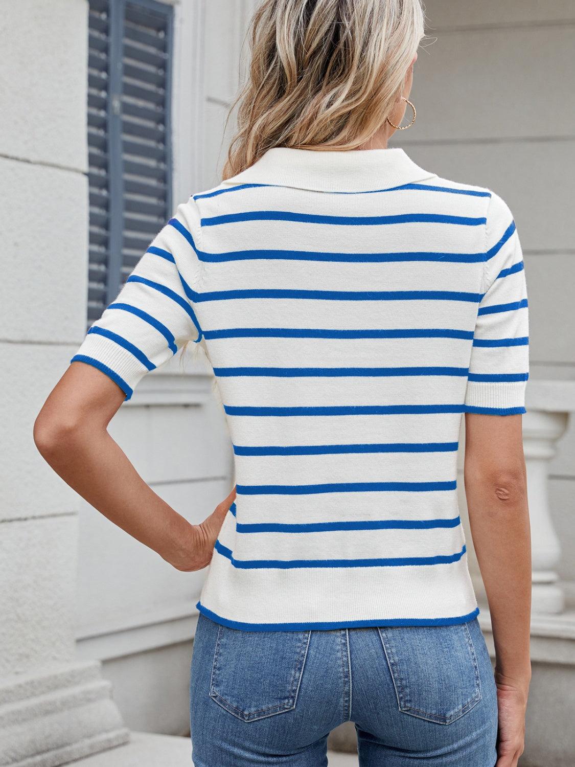 Striped Johnny Collar Short Sleeve Sweater - Charming Charlie