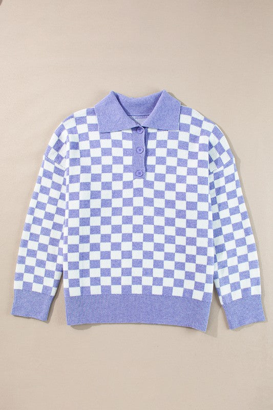 Checkered Collared Buttons Plus Size Sweater - Charming Charlie