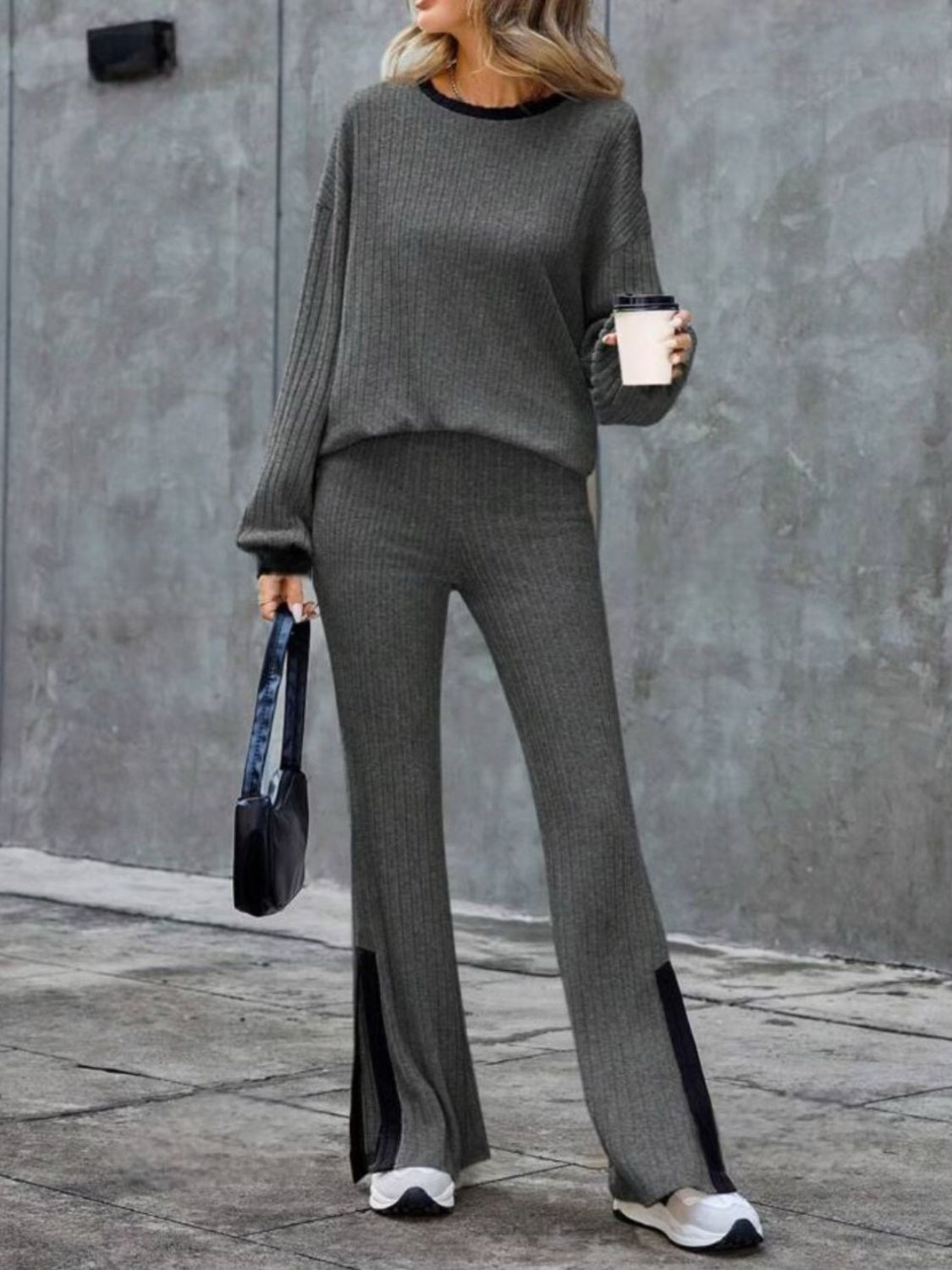 Contrast Round Neck Long Sleeve Top and Bootcut Pants Set - Charming Charlie