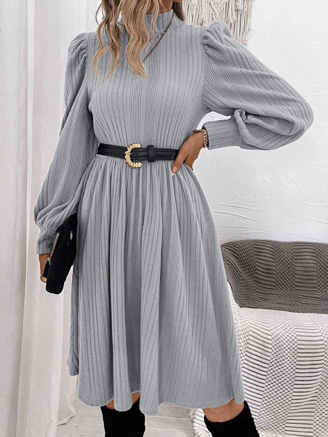 Textured Turtleneck Long Sleeve Dress - Charming Charlie