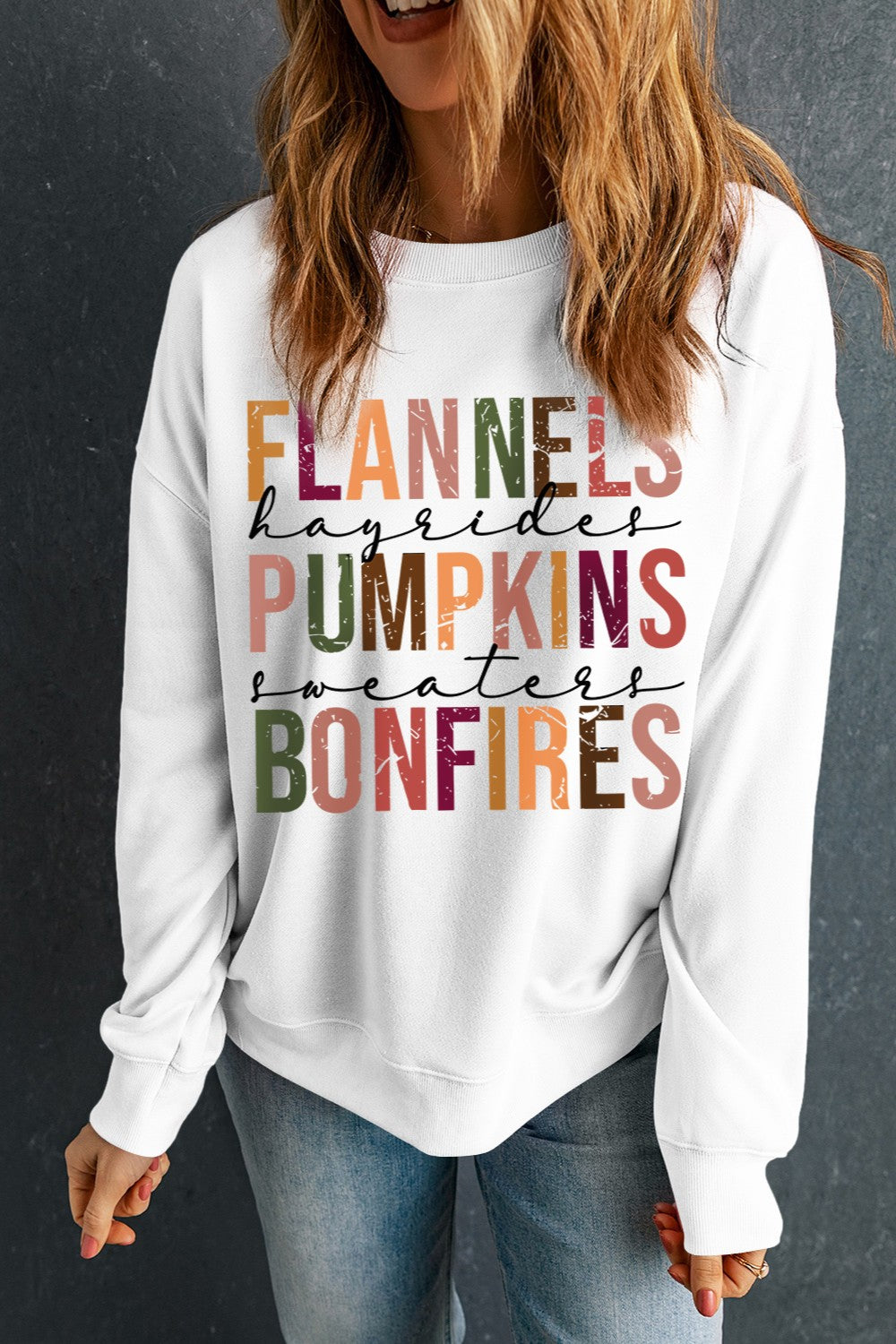 Letter Graphic Round Neck Long Sleeve Sweatshirt - Charming Charlie