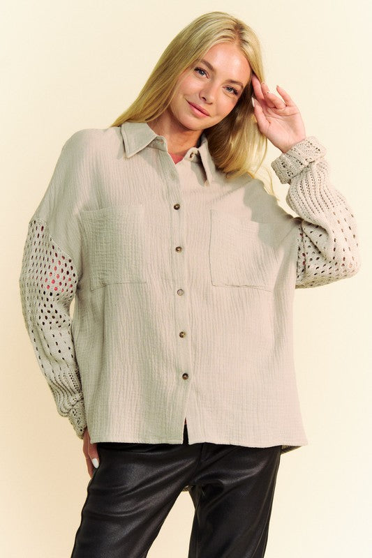 Davi & Dani Crochet Sleeve Crinkled Texture Shirt - Charming Charlie