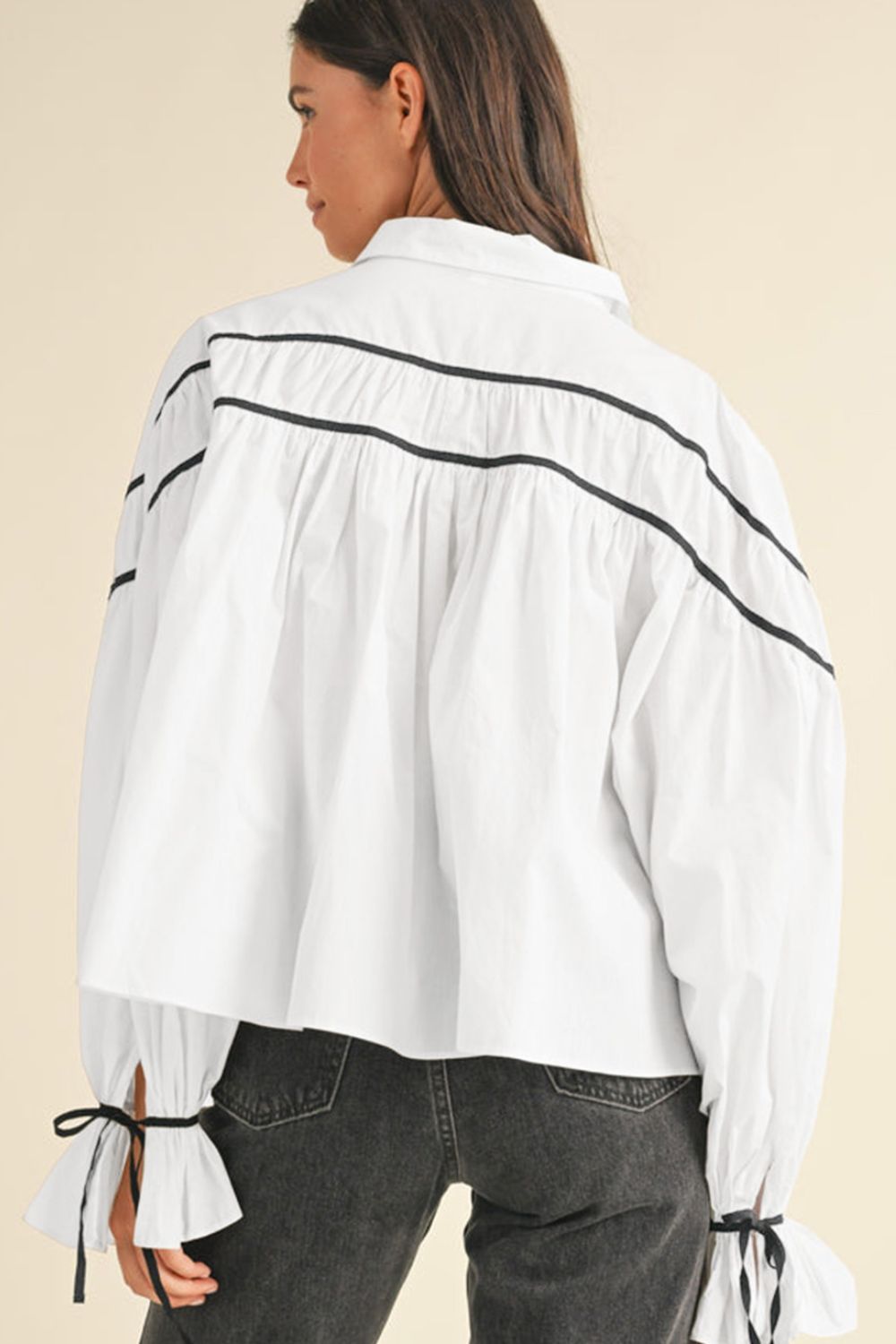 Ribbon Bowtie Collared Neck Flounce Sleeve Shirt - Charming Charlie
