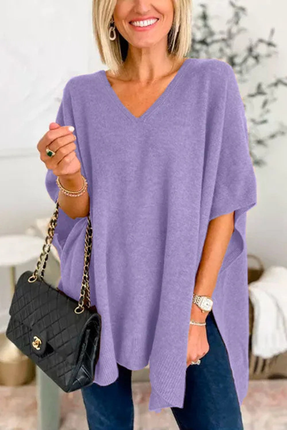 Slit V-Neck Half Sleeve Knit Top - Charming Charlie