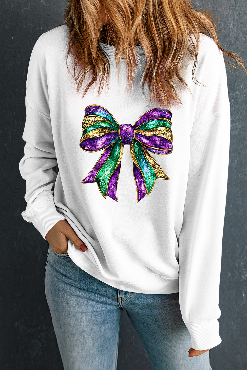 Bow Round Neck Long Sleeve Sweatshirt - Charming Charlie