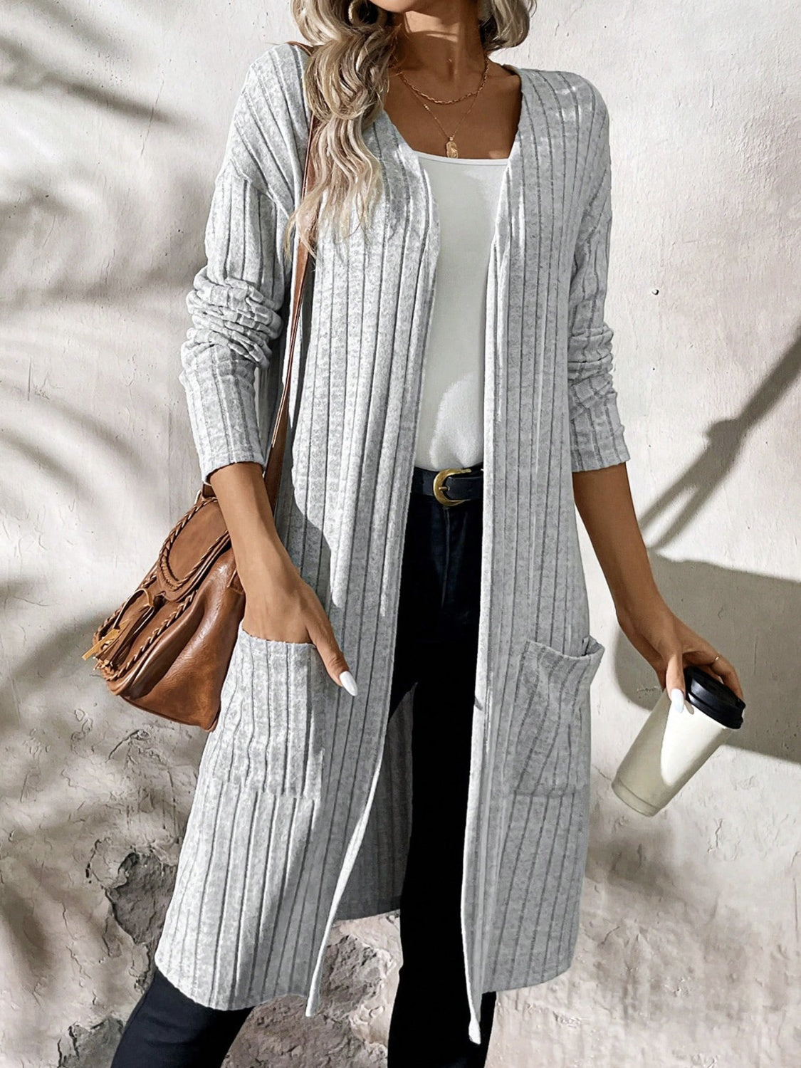 Ribbed Open Front Long Sleeve Cardigan with Pockets - Charming Charlie