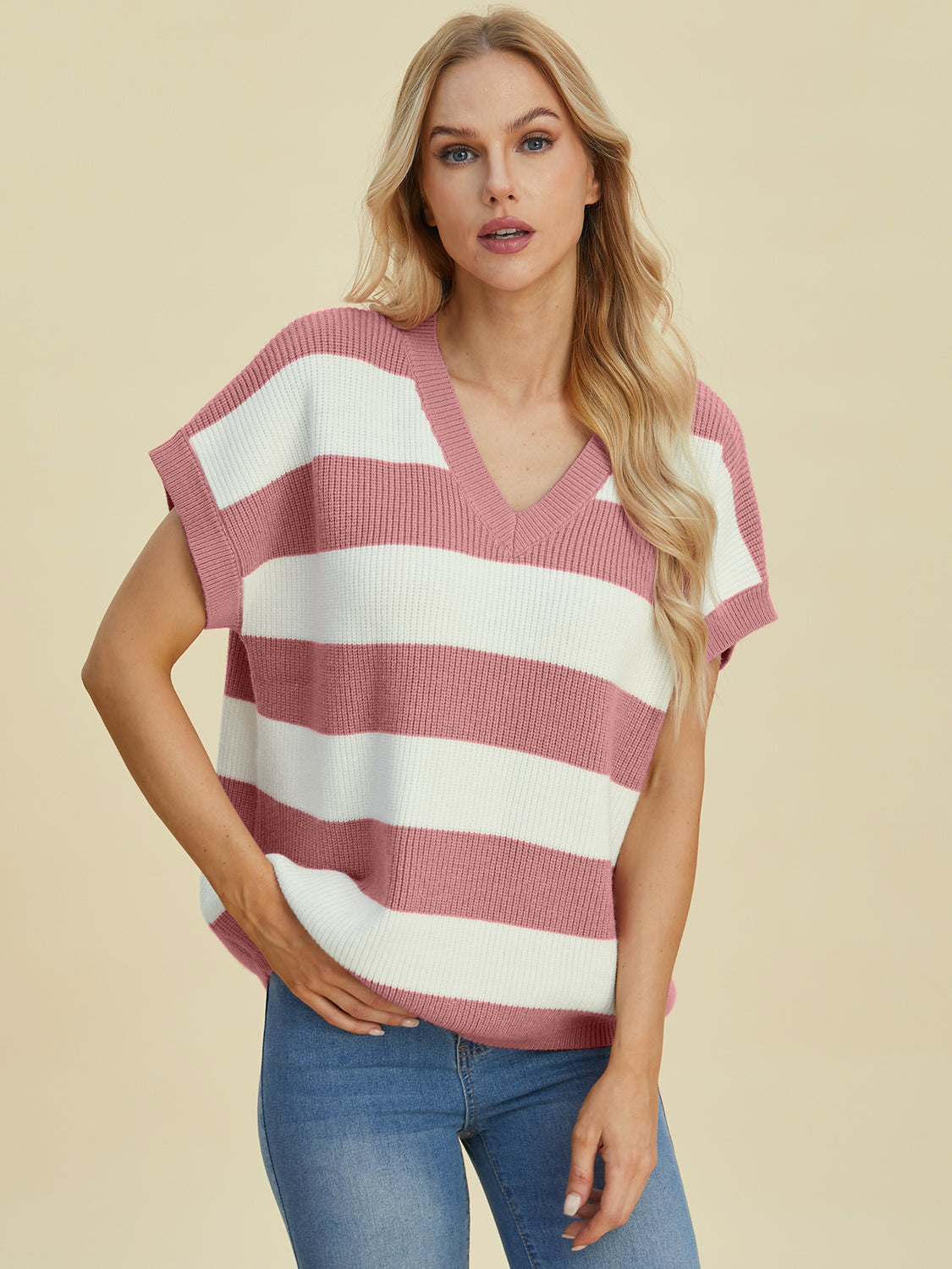 Double Take Full Size Striped V-Neck Short Sleeve Sweater - Charming Charlie
