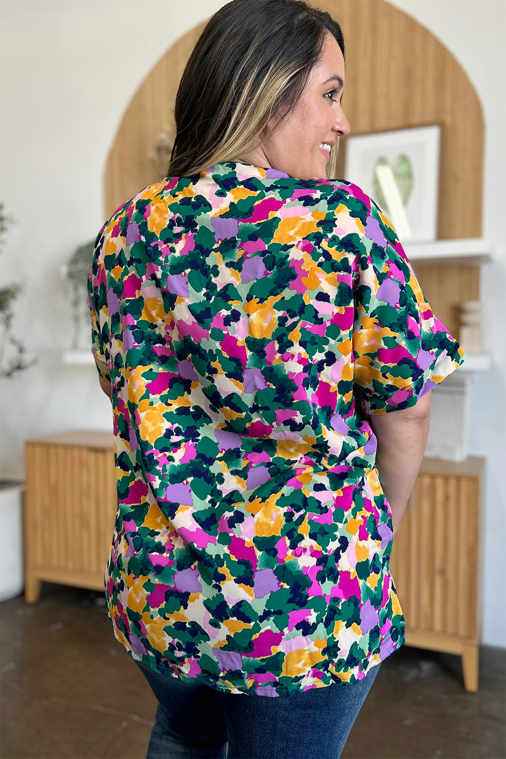 Double Take Full Size Printed V-Neck Short Sleeve Side Slit Top - Charming Charlie