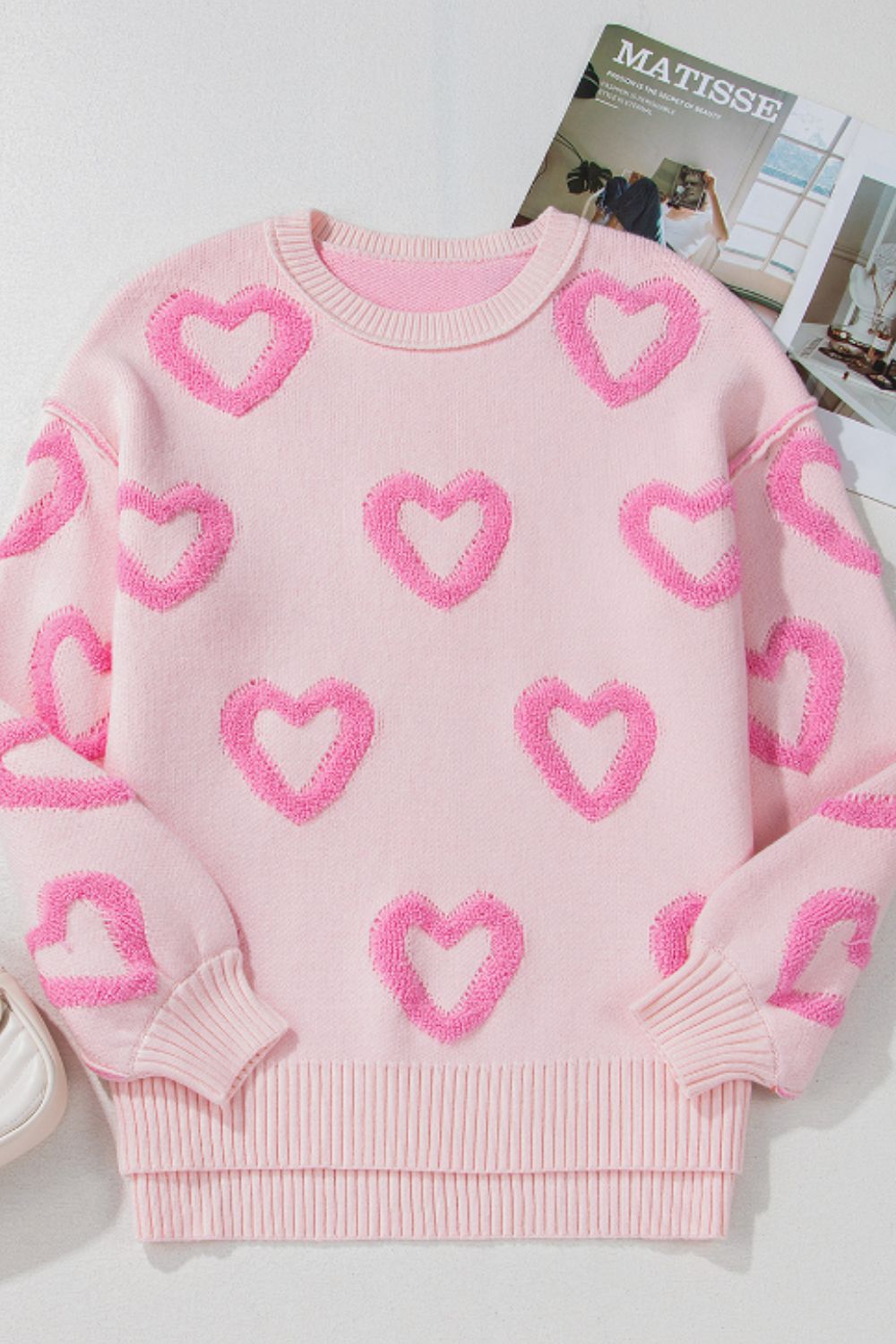 High-Low Heart Round Neck Long Sleeve Sweater - Charming Charlie