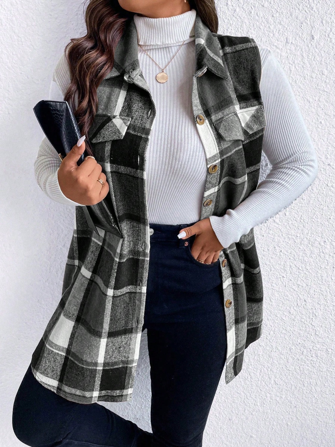 Honey Plus Size Pocketed Plaid Button Up Vest Coat - Charming Charlie