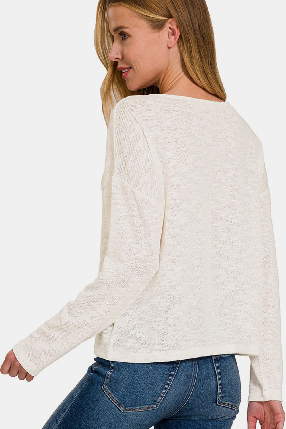 Zenana V-Neck Dropped Shoulder Long Sleeve T-Shirt - Charming Charlie