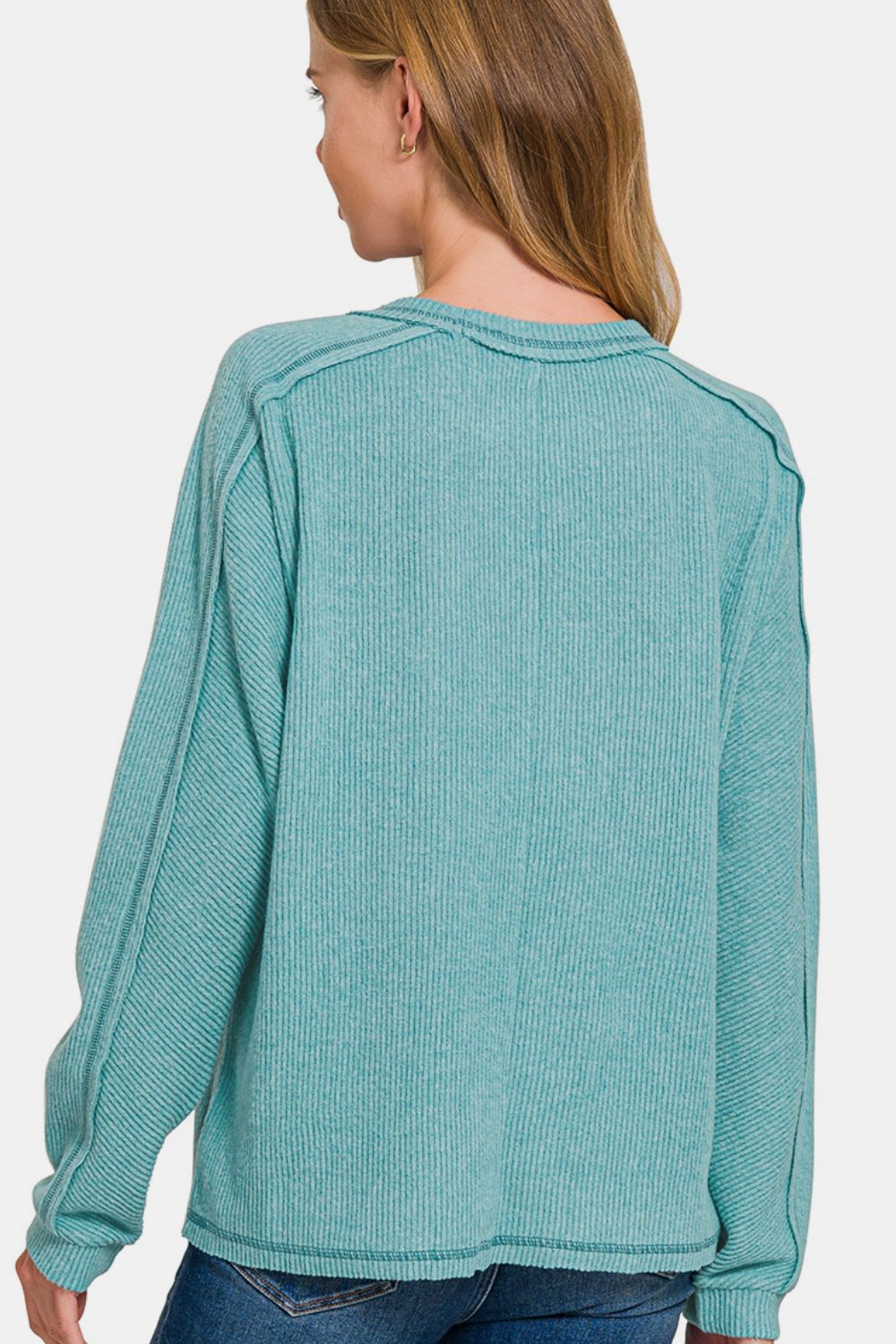 Zenana Full Size Contrast Stitching Brushed Ribbed Hacci Knit Top Plu Size - Charming Charlie