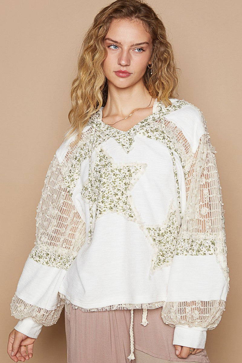 POL Star Patch Lace Contrast Long Sleeve Hooded Top - Charming Charlie
