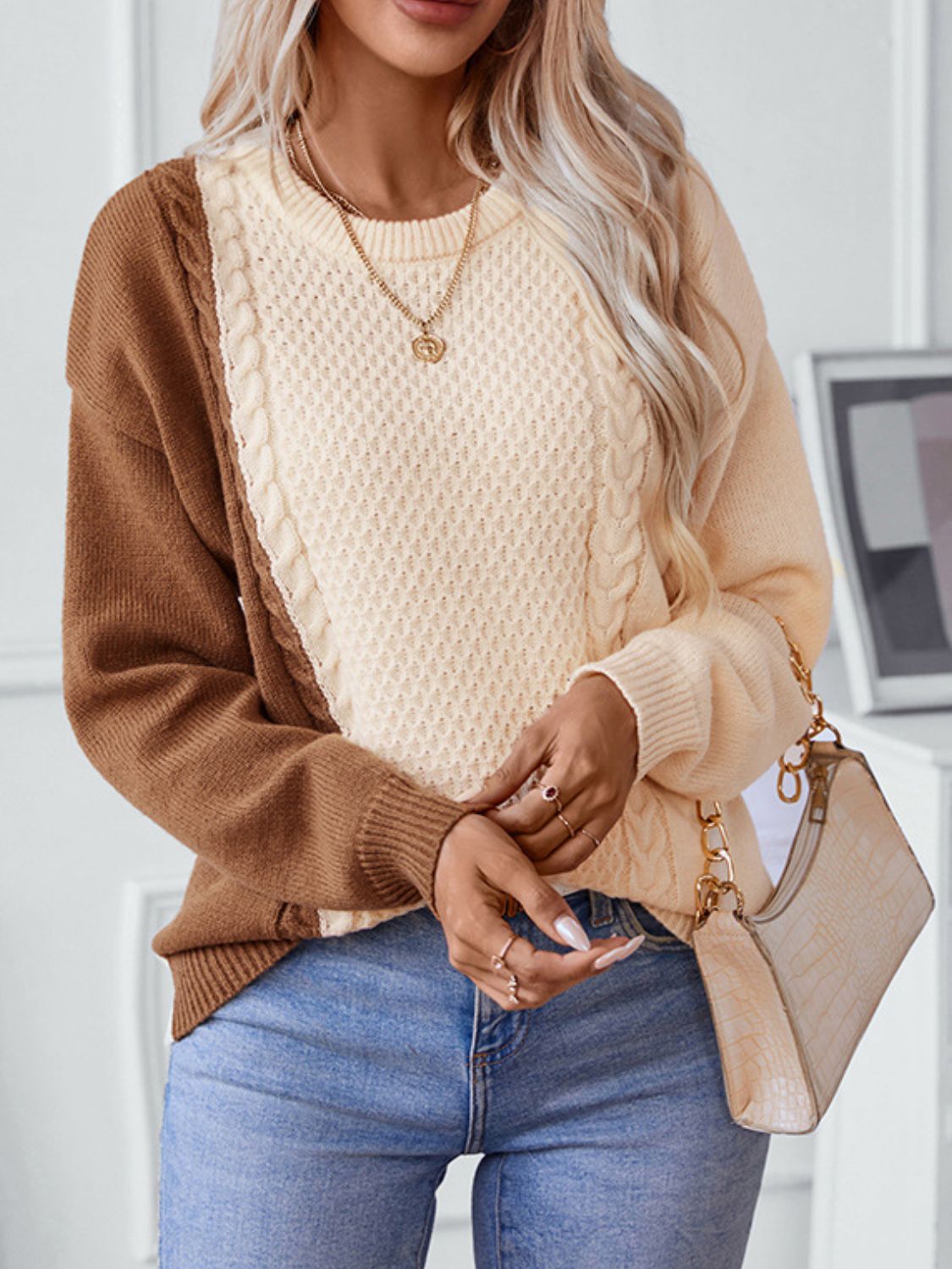 Two Tone Cable Knit Round Neck Long Sleeve Sweater - Charming Charlie