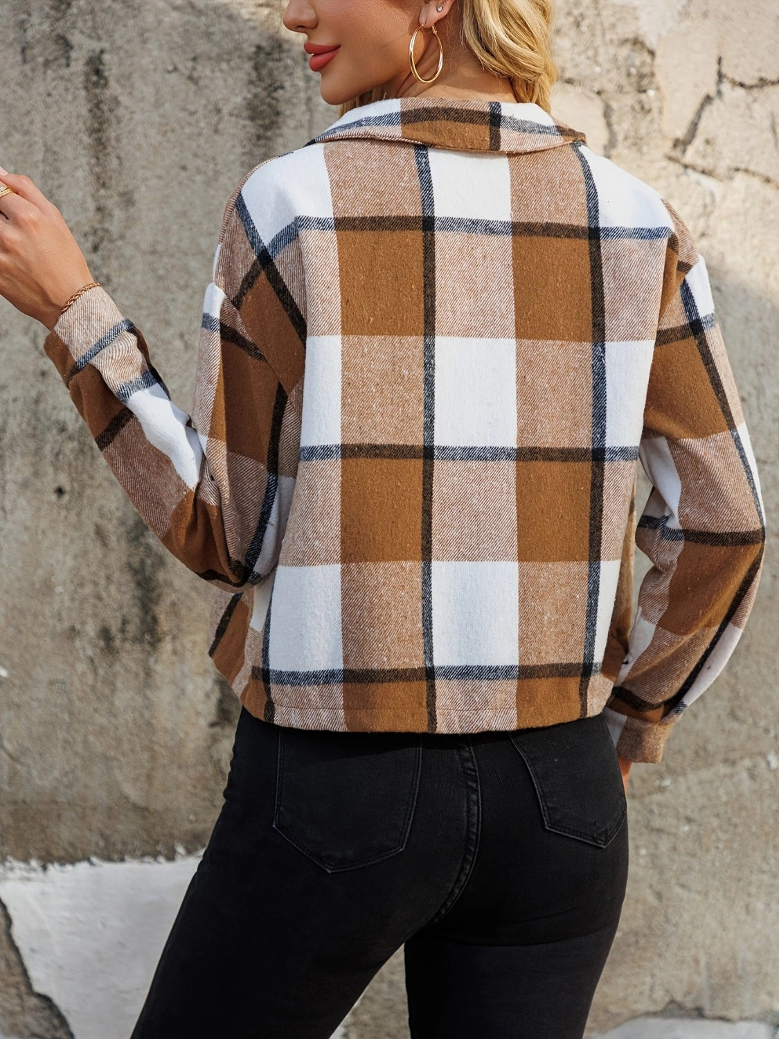 Plaid Collared Neck Cropped Jacket - Charming Charlie