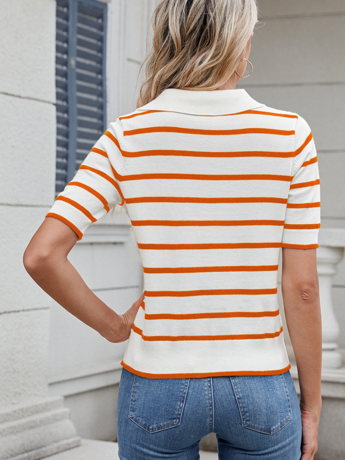 Striped Johnny Collar Short Sleeve Sweater - Charming Charlie