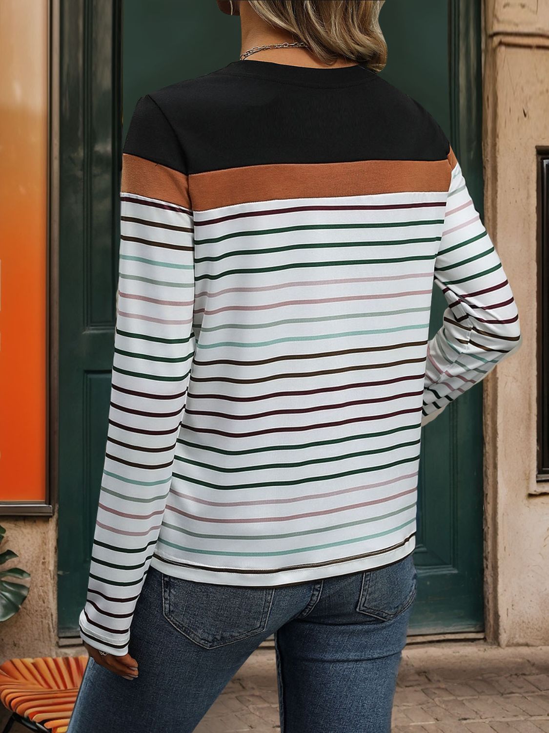 Striped Round Neck Long Sleeve T-Shirt - Charming Charlie