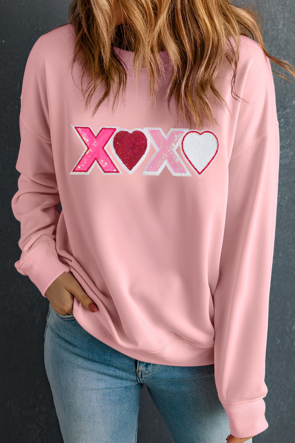 Valentine’s Day XOXO Round Neck Long Sleeve Sweatshirt - Charming Charlie