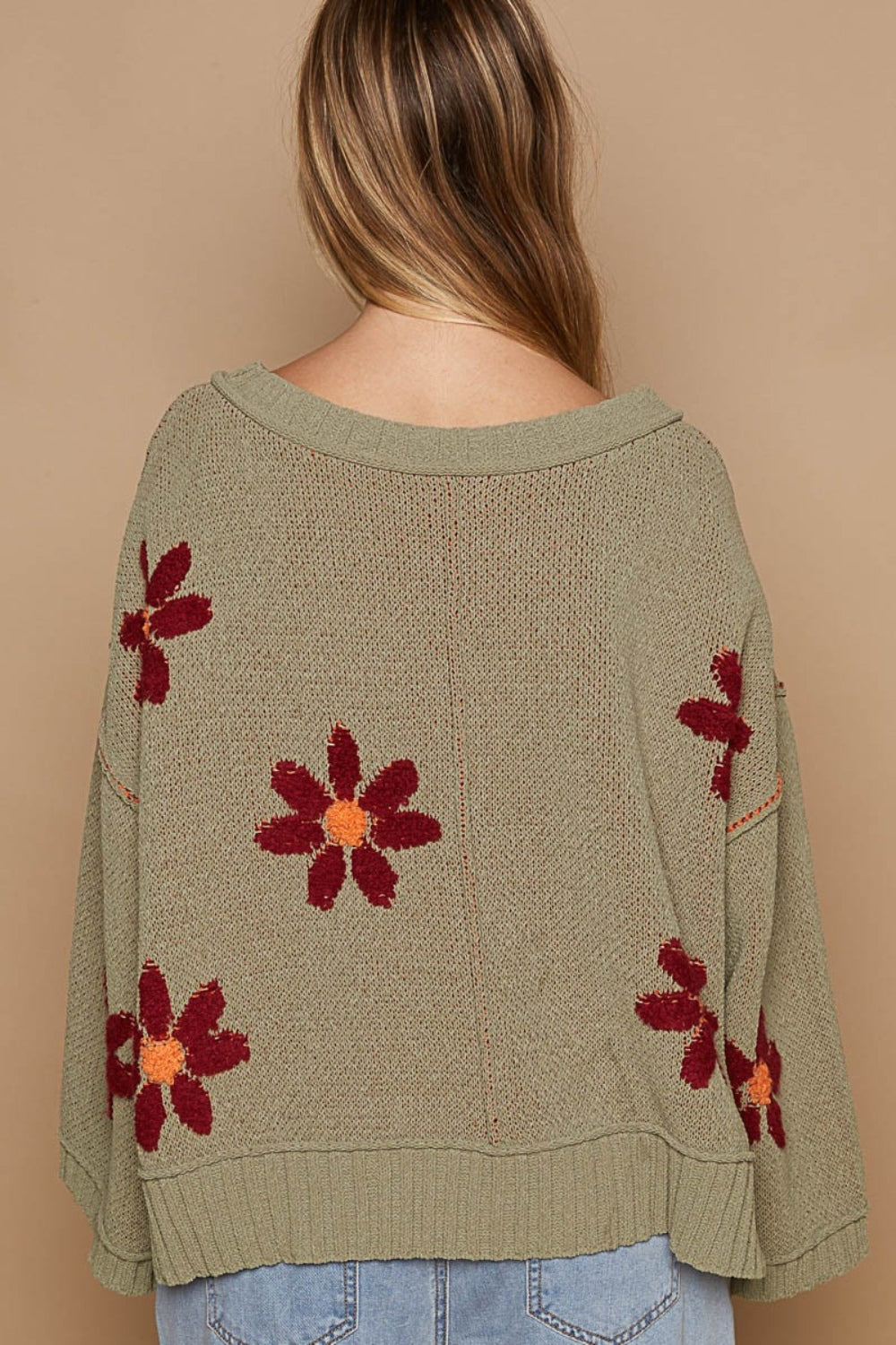 POL V-Neck Floral Pattern Chenille Sweater - Charming Charlie
