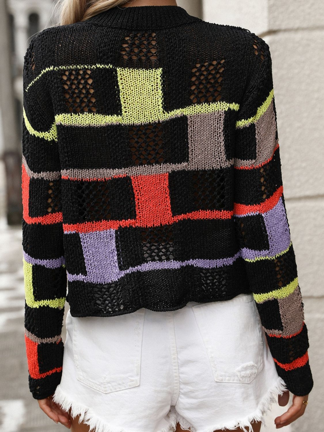 Openwork Color Block Round Neck Sweater - Charming Charlie