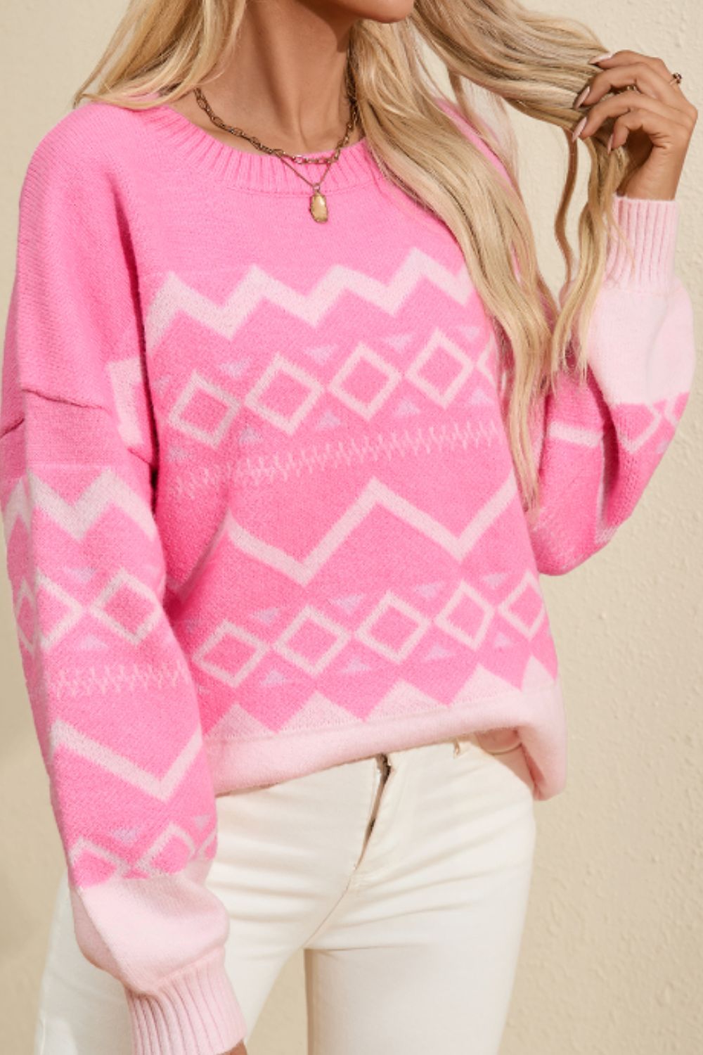Geometric Drop Shoulder Long Sleeve Sweater - Charming Charlie