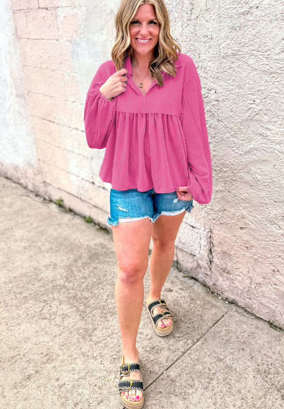 Corded Johnny Collar Long Sleeve Babydoll Blouse - Charming Charlie