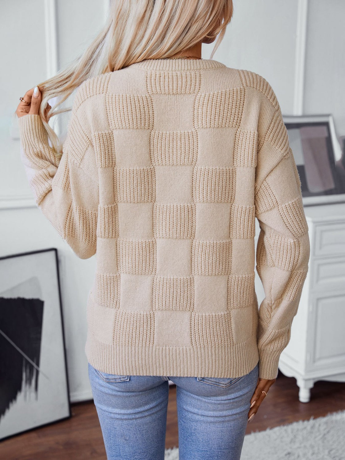 Checkered Round Neck Long Sleeve Sweater - Charming Charlie