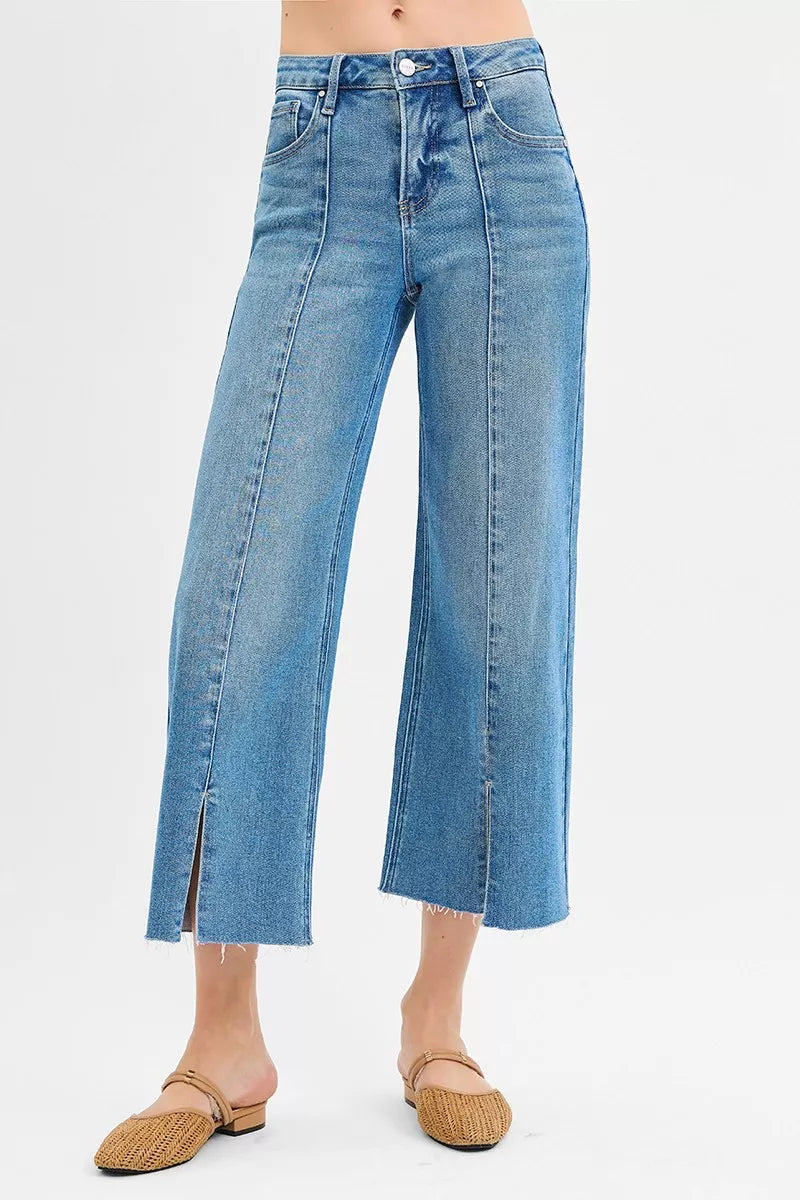 RISEN Tummy Control Mid Rise Crop Wide Front Slit Jeans – Charming