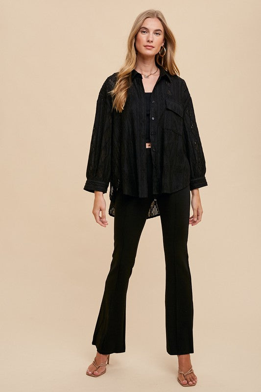 Annie Wear Openwork Button Down Drop Shoulder Shirt - Charming Charlie