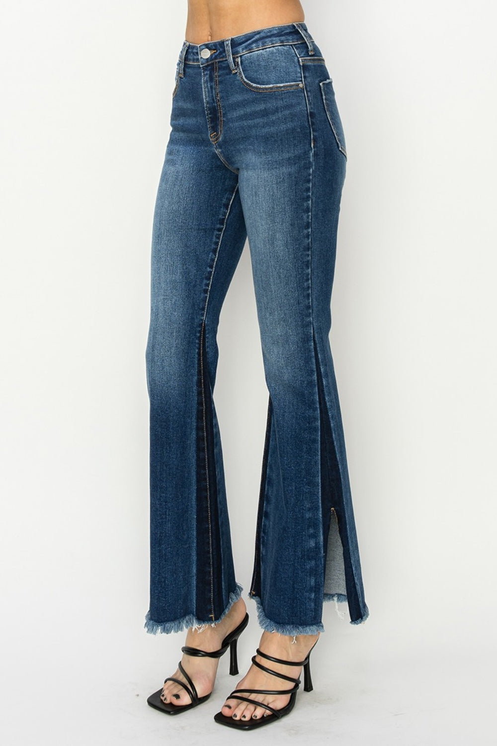 RISEN Full Size High Rise Side Shadow Seam Detail Slit Flare Jeans - Charming Charlie