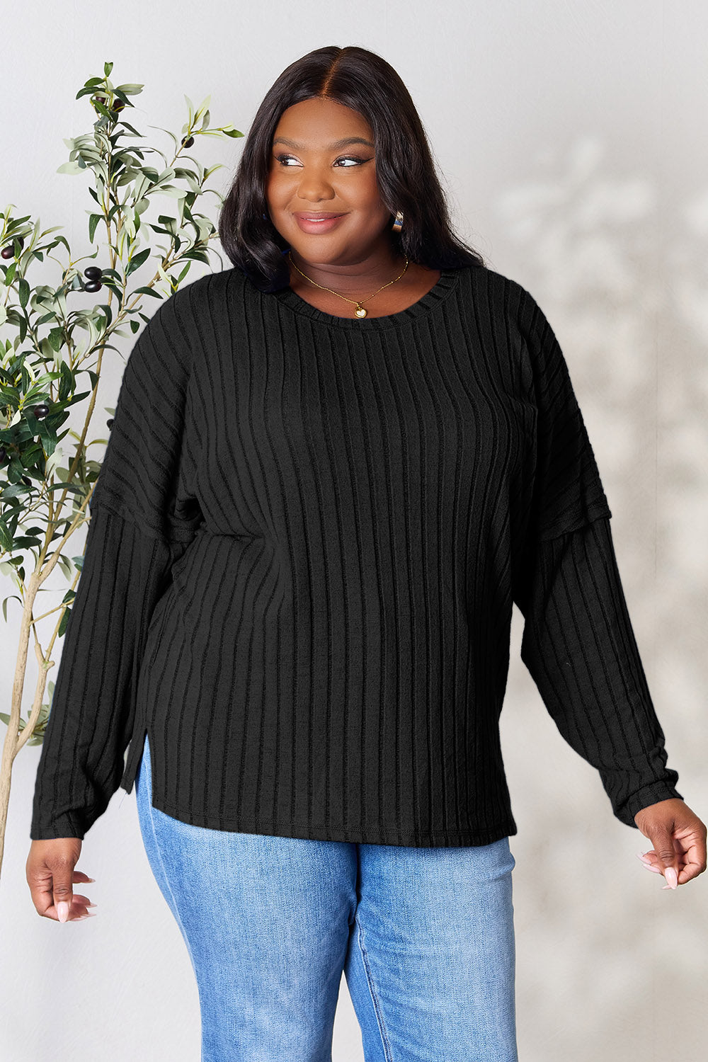 Basic Bae Full Size Ribbed Round Neck Slit Knit Top - Charming Charlie