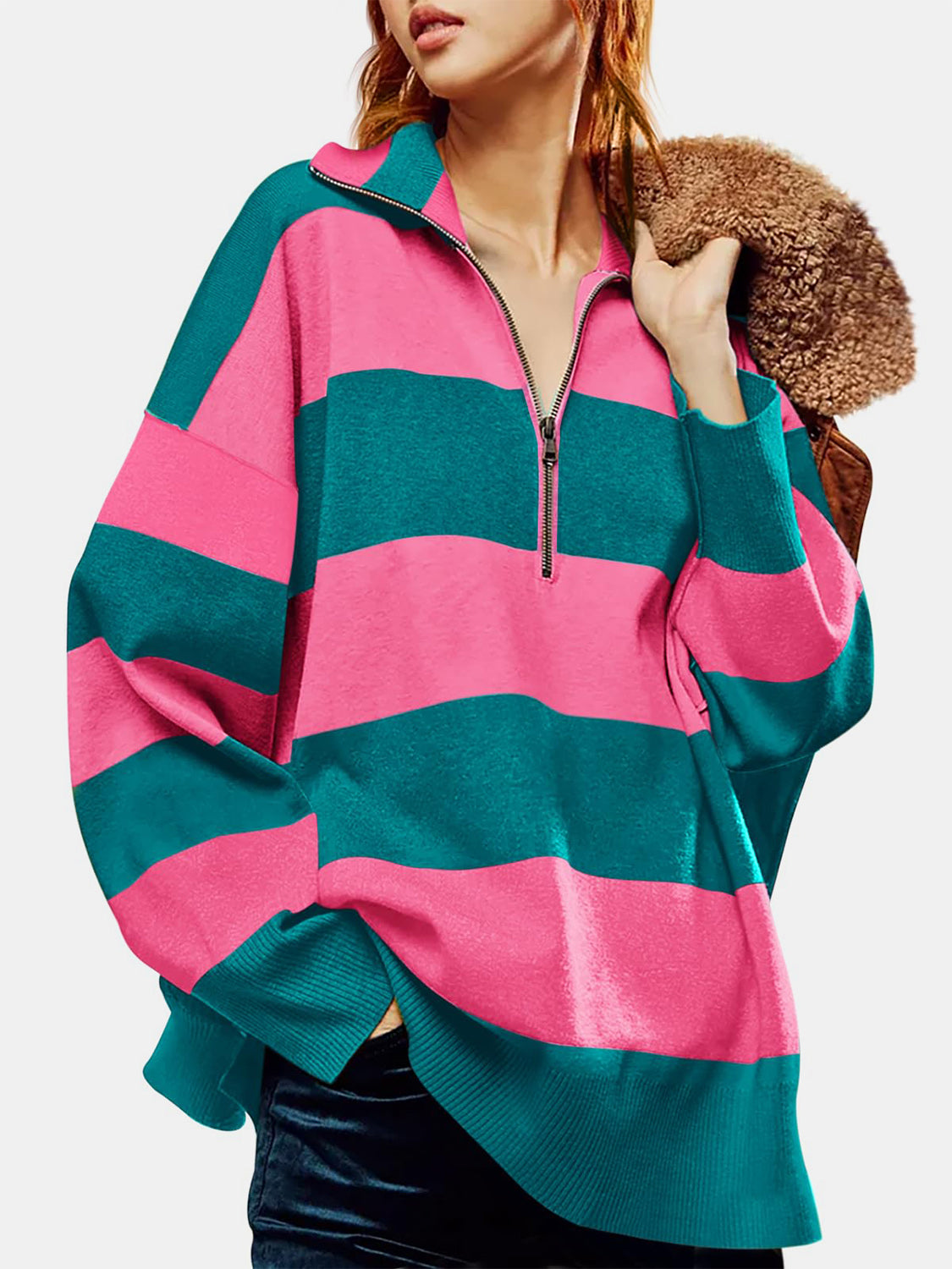 Color Block Half Zip Long Sleeve Sweater - Charming Charlie